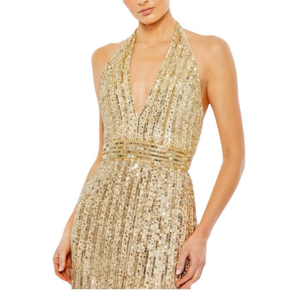 Mac Duggal 5759 Gold Sequined Halter Strap Trumpet Gown Size 16 $498 - Picture 2 of 11